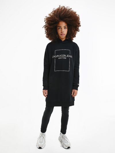 Calvin Klein Ruhák HU488883 | Calvin Klein Organic Cotton Hooded Sweatshirt Lány Ruha Fekete